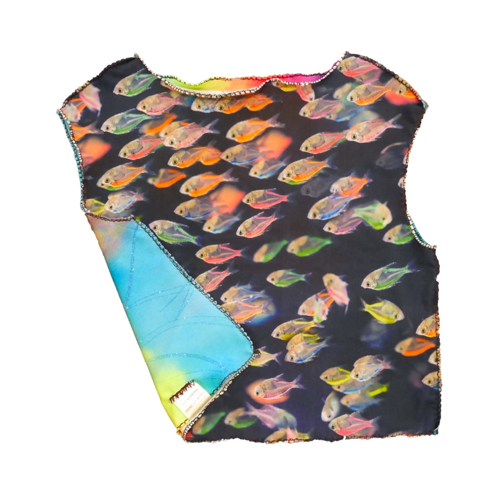 Upcycled Top SMALL - Half Half -  Rainbow Fish